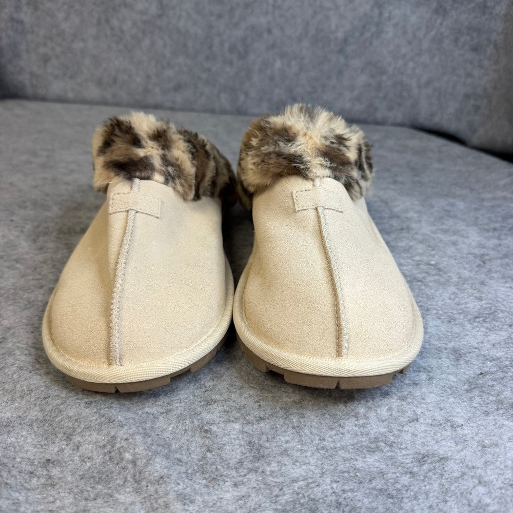 Joyspun Womens Tan Faux Suede Leopard Faux Fur Trim Scuff Slippers Size 10